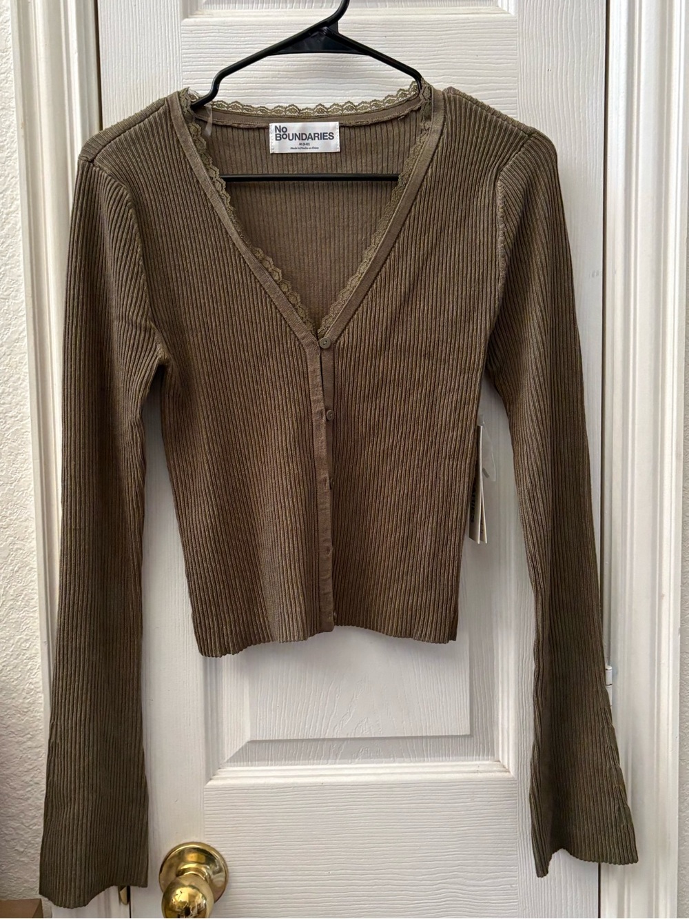 Sweater Khaki Olive Ribbed V-Neck Button-Up Top Size Medium
